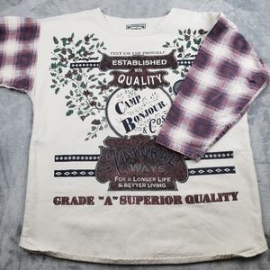 Vintage Bonjour Sweatshirt Womens Top 90s Y2K Plaid Oversized Twill Long Sleeve